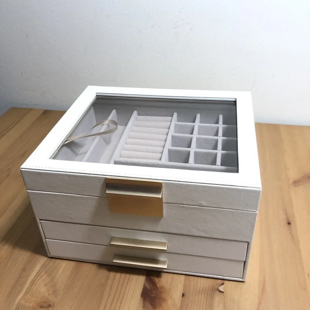 SONGMICS Jewelry Box Glass Lid 3-Layer Organizer 2 Drawers White Gold